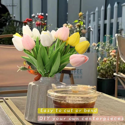 30pcs Tulips Artificial Flowers, Artificial Latex Real Touch Tulips Flowers Bouquet for Mother's Day Easter Wedding Party Home Decor-White