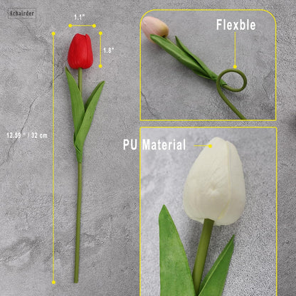 30pcs Tulips Artificial Flowers, Artificial Latex Real Touch Tulips Flowers Bouquet for Mother's Day Easter Wedding Party Home Decor-White
