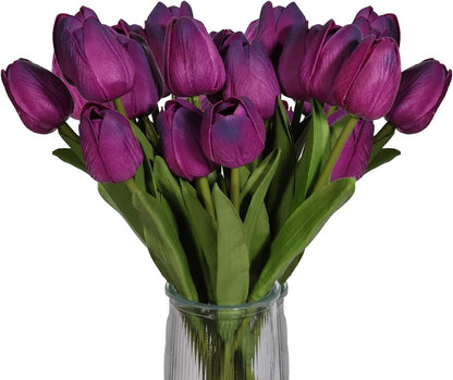 30pcs Tulips Artificial Flowers, Artificial Latex Real Touch Tulips Flowers Bouquet for Mother's Day Easter Wedding Party Home Decor-White