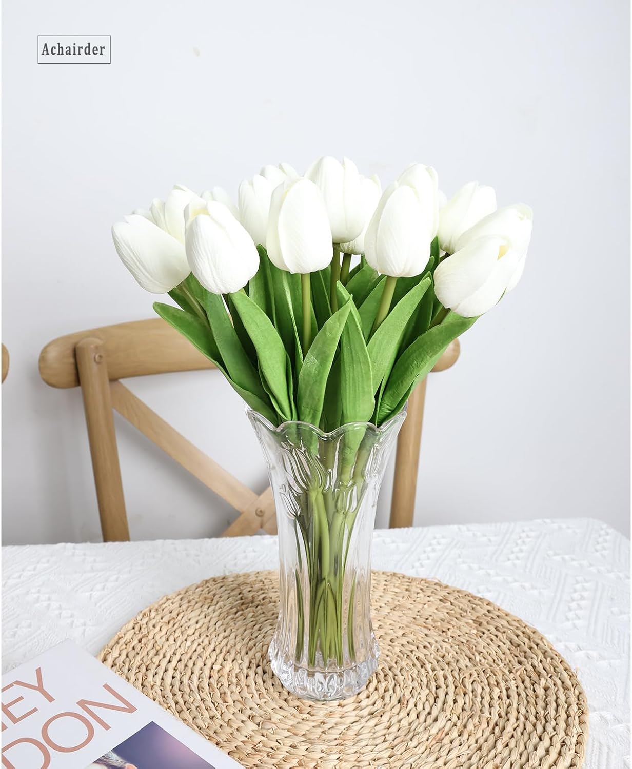 30pcs Tulips Artificial Flowers, Artificial Latex Real Touch Tulips Flowers Bouquet for Mother's Day Easter Wedding Party Home Decor-White