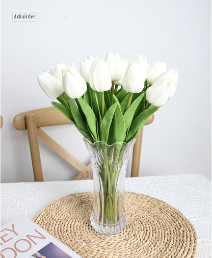 30pcs Tulips Artificial Flowers, Artificial Latex Real Touch Tulips Flowers Bouquet for Mother's Day Easter Wedding Party Home Decor-White