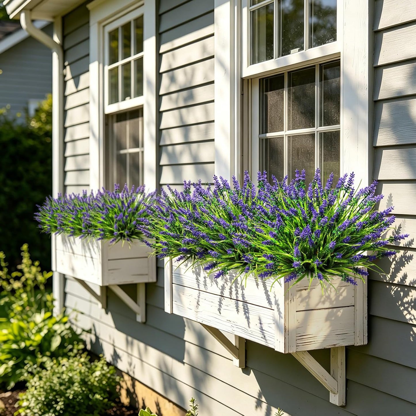 Artificial Plants & Flowers for Outdoors – 16 Bundles White Fake Lavender Flowers & Monkey Grass, UV Resistant Faux Greenery for Patio, Porch, Planter, Garden and Window Decor