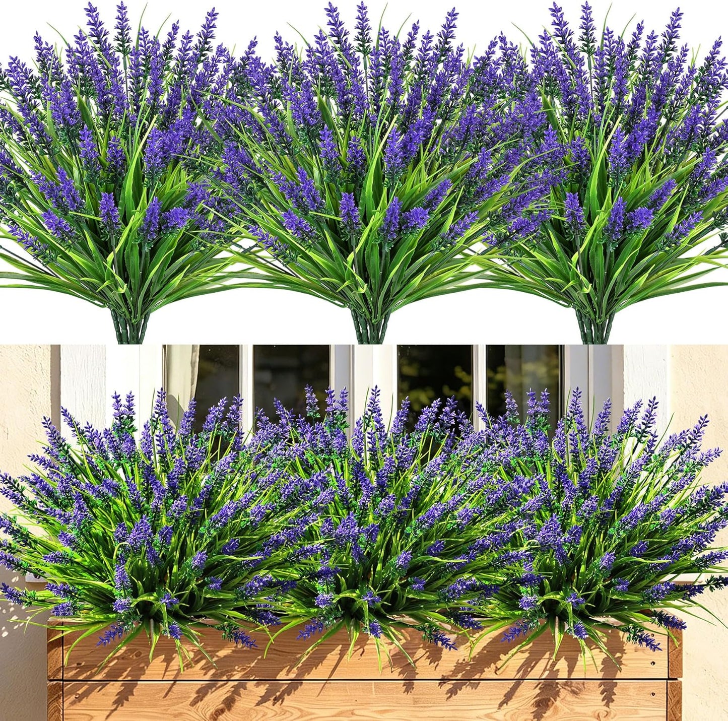 Artificial Plants & Flowers for Outdoors – 16 Bundles White Fake Lavender Flowers & Monkey Grass, UV Resistant Faux Greenery for Patio, Porch, Planter, Garden and Window Decor