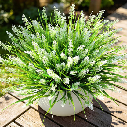 Artificial Plants & Flowers for Outdoors – 16 Bundles White Fake Lavender Flowers & Monkey Grass, UV Resistant Faux Greenery for Patio, Porch, Planter, Garden and Window Decor