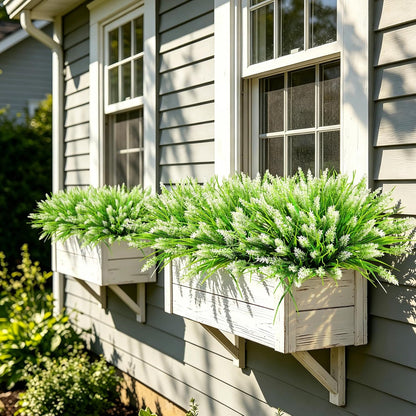 Artificial Plants & Flowers for Outdoors – 16 Bundles White Fake Lavender Flowers & Monkey Grass, UV Resistant Faux Greenery for Patio, Porch, Planter, Garden and Window Decor