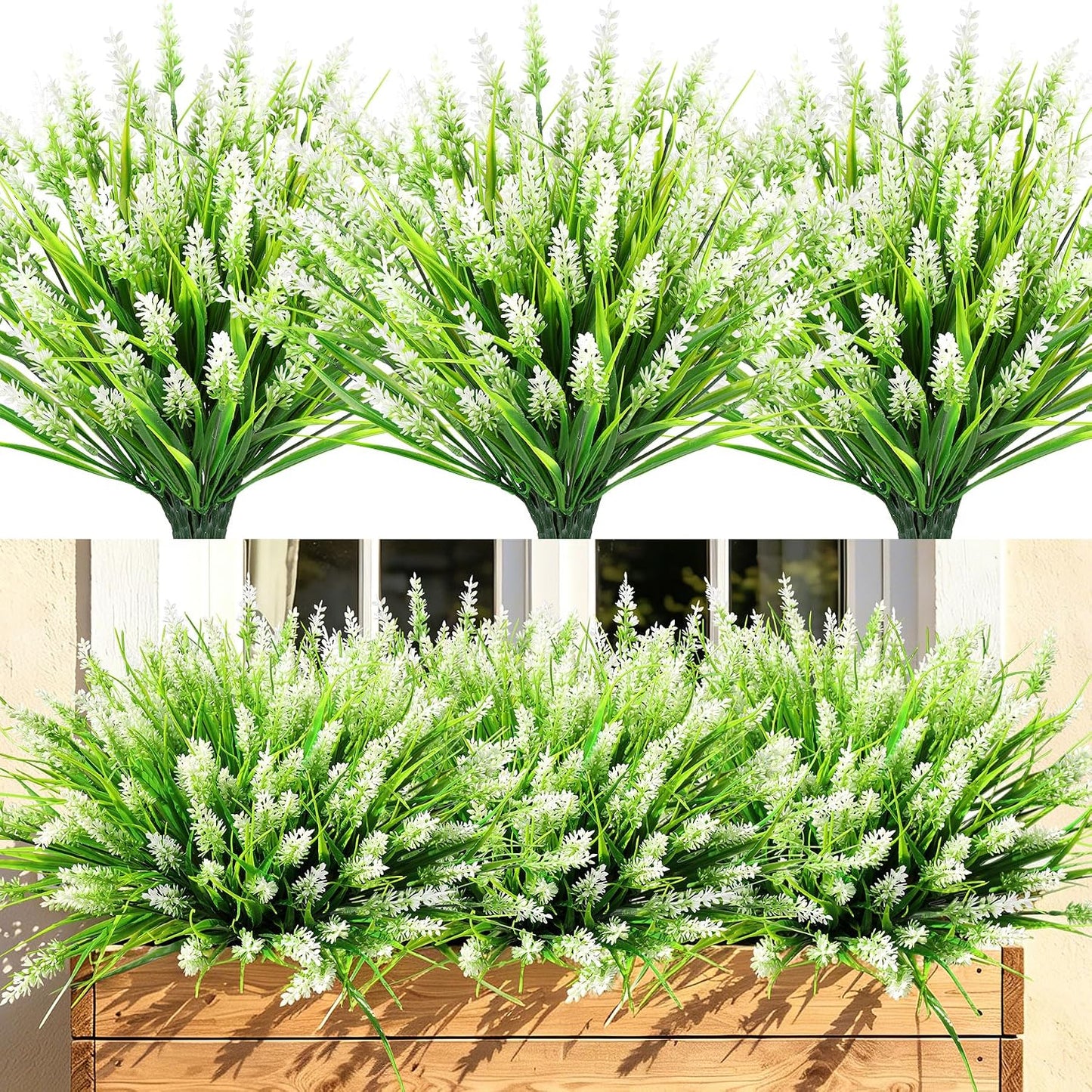 Artificial Plants & Flowers for Outdoors – 16 Bundles White Fake Lavender Flowers & Monkey Grass, UV Resistant Faux Greenery for Patio, Porch, Planter, Garden and Window Decor
