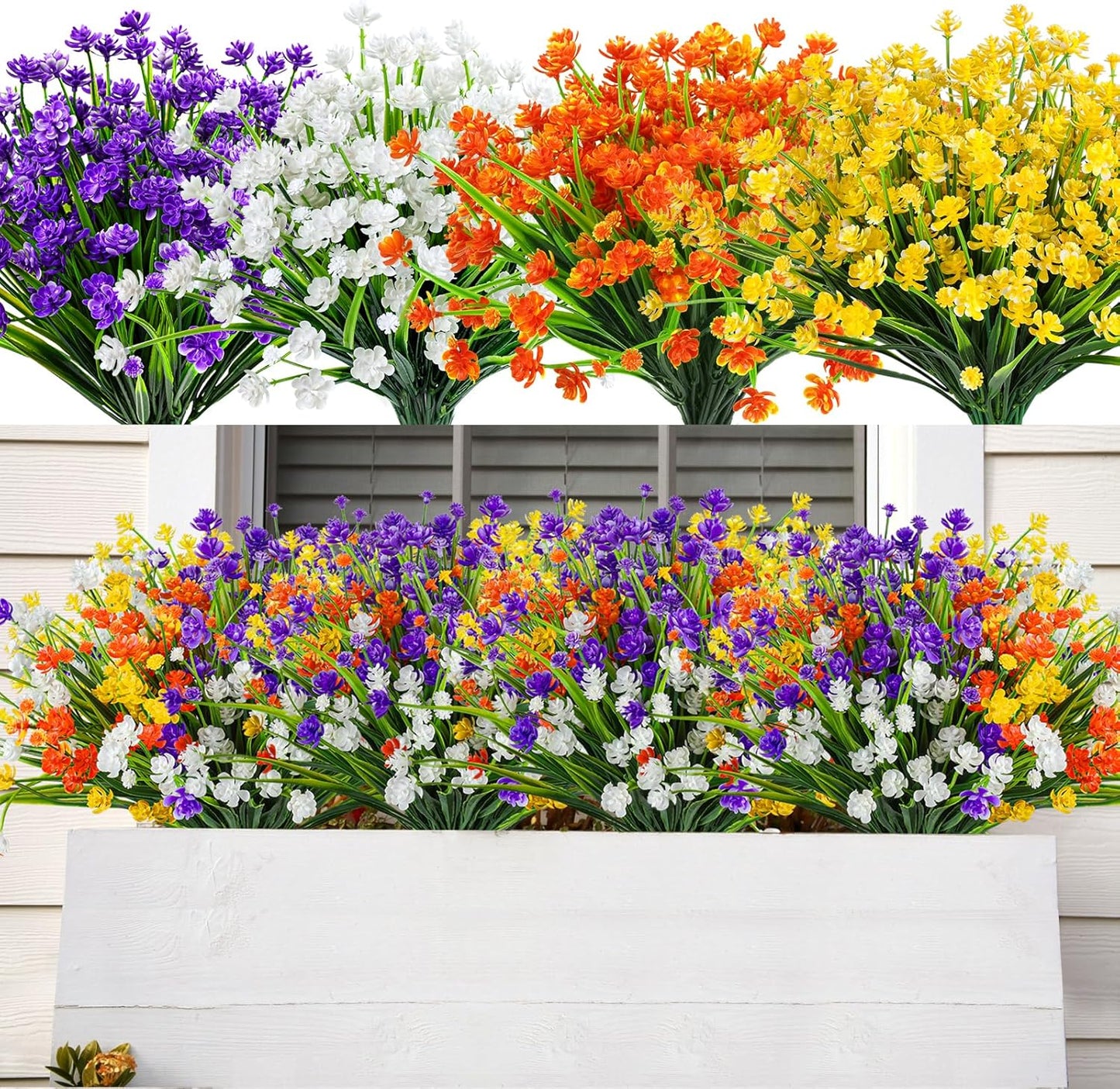 Artificial Plants & Flowers for Outdoors – 16 Bundles White Fake Lavender Flowers & Monkey Grass, UV Resistant Faux Greenery for Patio, Porch, Planter, Garden and Window Decor