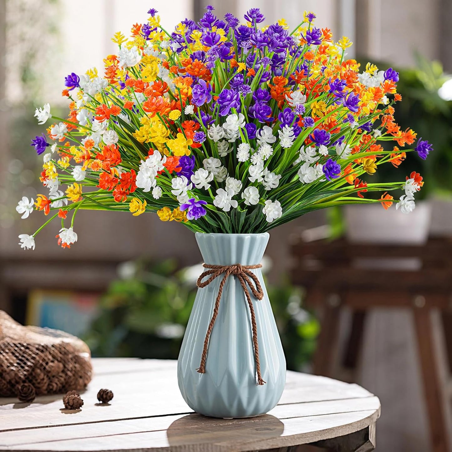 Artificial Plants & Flowers for Outdoors – 16 Bundles White Fake Lavender Flowers & Monkey Grass, UV Resistant Faux Greenery for Patio, Porch, Planter, Garden and Window Decor