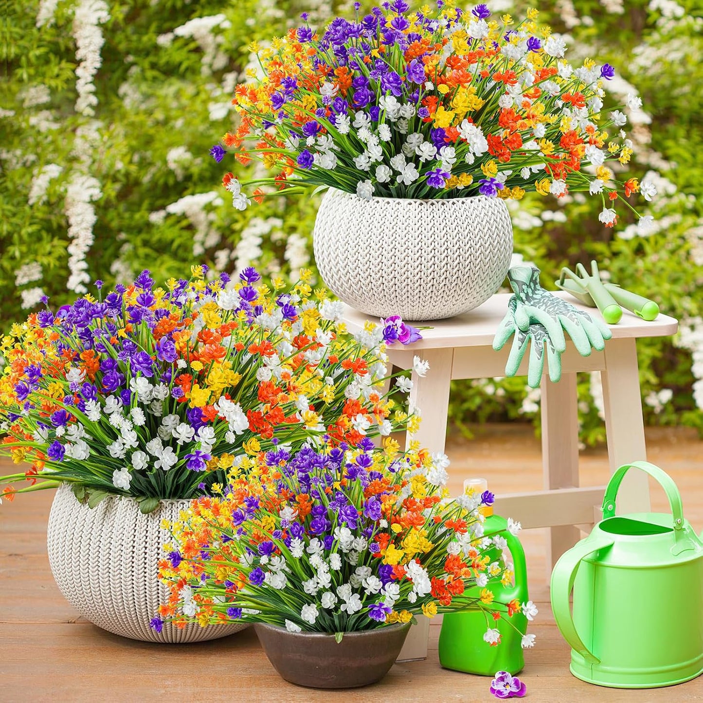 Artificial Plants & Flowers for Outdoors – 16 Bundles White Fake Lavender Flowers & Monkey Grass, UV Resistant Faux Greenery for Patio, Porch, Planter, Garden and Window Decor