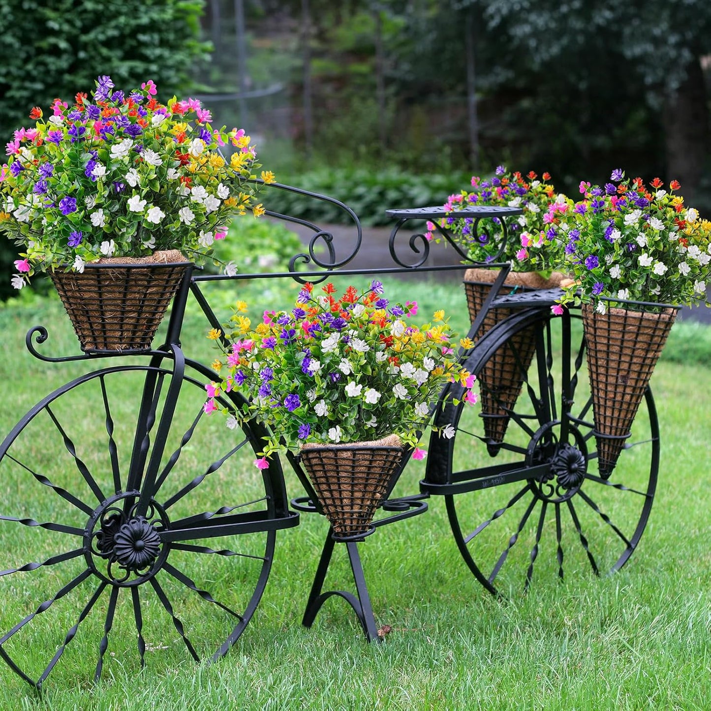 Artificial Plants & Flowers for Outdoors – 16 Bundles White Fake Lavender Flowers & Monkey Grass, UV Resistant Faux Greenery for Patio, Porch, Planter, Garden and Window Decor