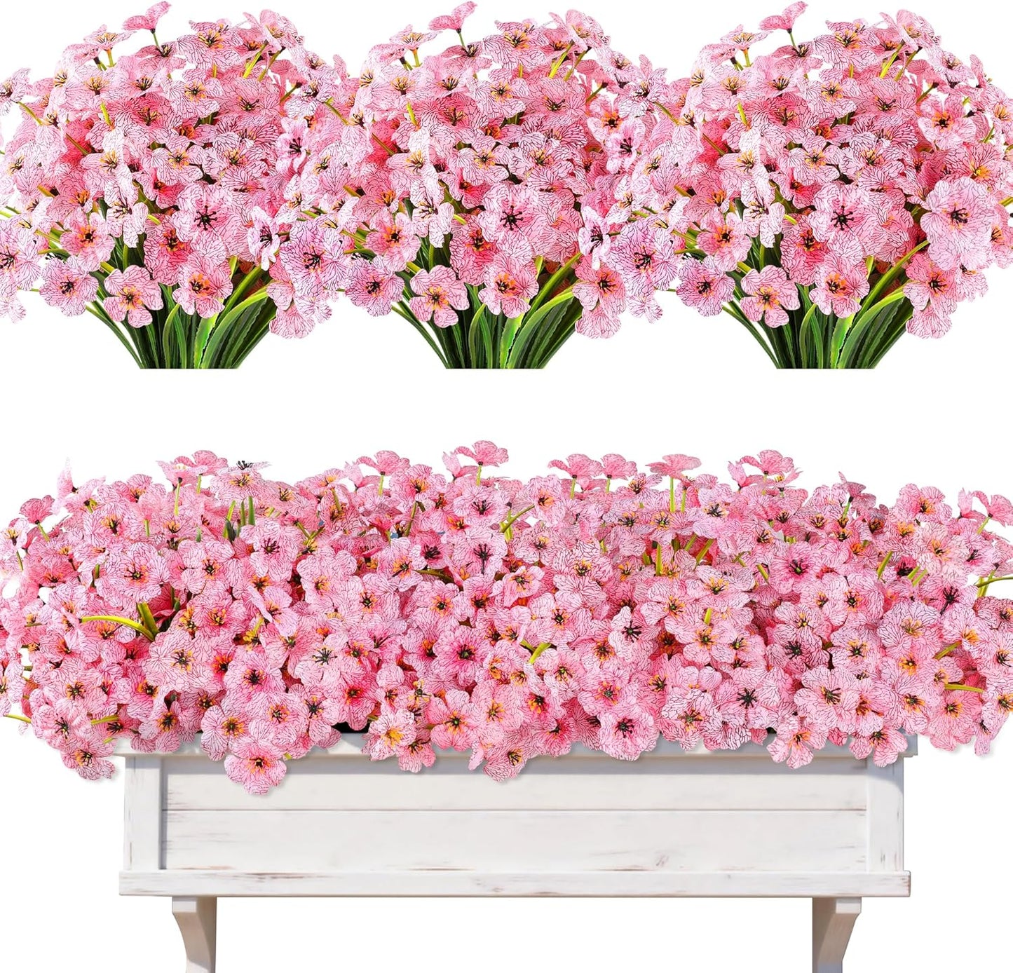 Artificial Plants & Flowers for Outdoors – 16 Bundles White Fake Lavender Flowers & Monkey Grass, UV Resistant Faux Greenery for Patio, Porch, Planter, Garden and Window Decor