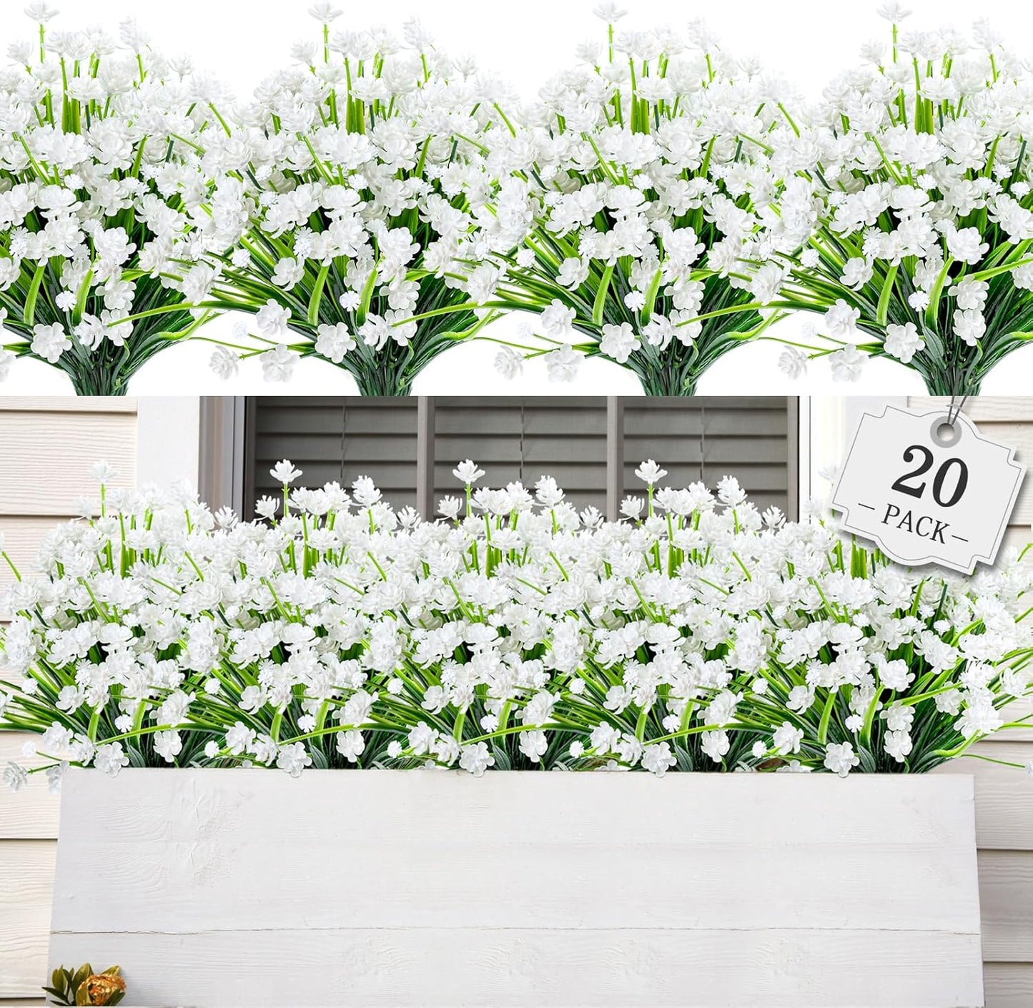 Artificial Plants & Flowers for Outdoors – 16 Bundles White Fake Lavender Flowers & Monkey Grass, UV Resistant Faux Greenery for Patio, Porch, Planter, Garden and Window Decor