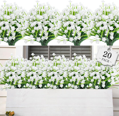 Artificial Plants & Flowers for Outdoors – 16 Bundles White Fake Lavender Flowers & Monkey Grass, UV Resistant Faux Greenery for Patio, Porch, Planter, Garden and Window Decor
