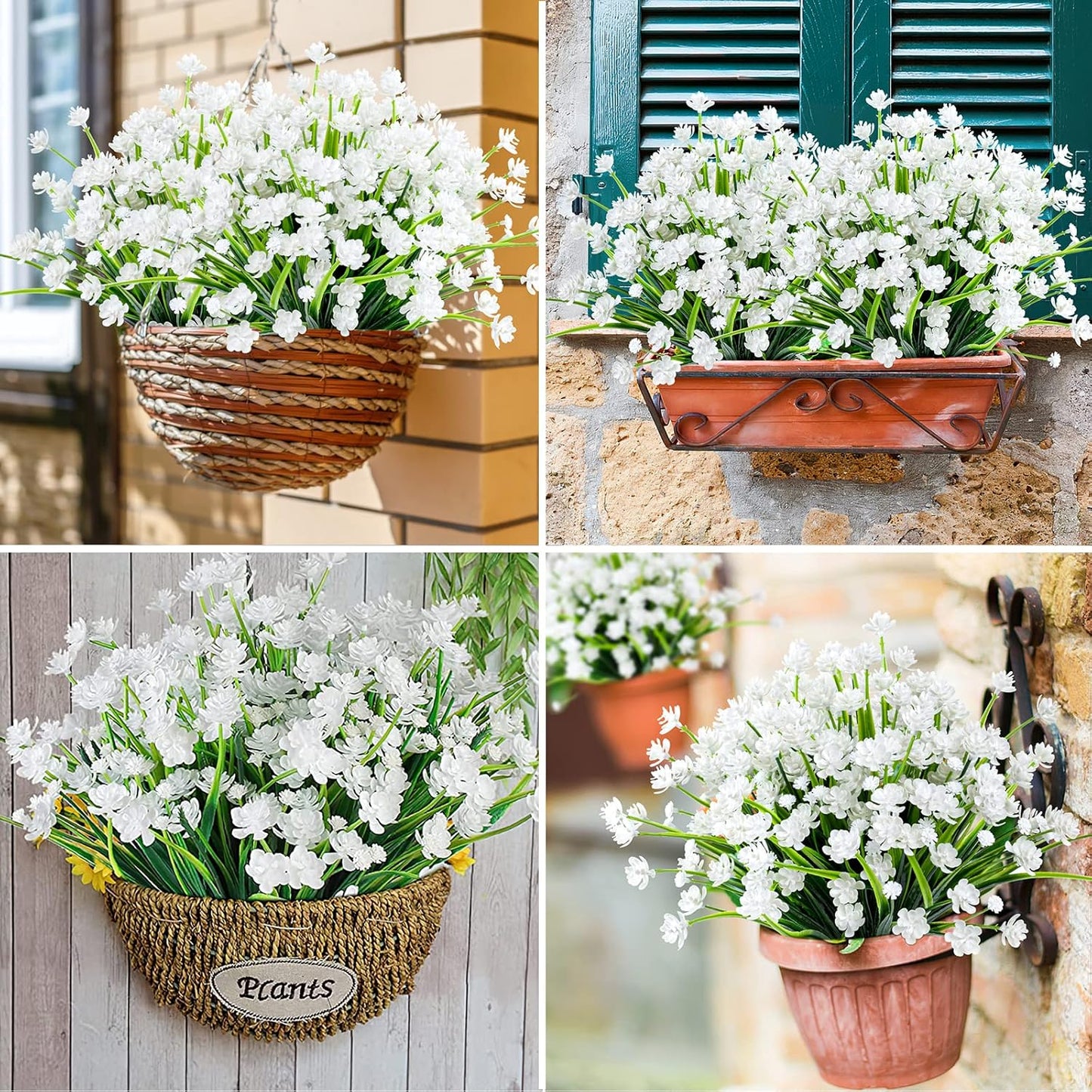 Artificial Plants & Flowers for Outdoors – 16 Bundles White Fake Lavender Flowers & Monkey Grass, UV Resistant Faux Greenery for Patio, Porch, Planter, Garden and Window Decor