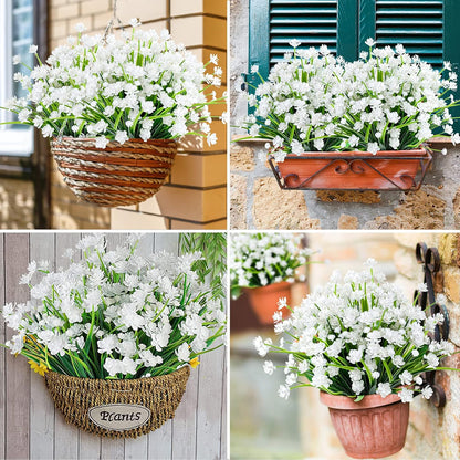 Artificial Plants & Flowers for Outdoors – 16 Bundles White Fake Lavender Flowers & Monkey Grass, UV Resistant Faux Greenery for Patio, Porch, Planter, Garden and Window Decor