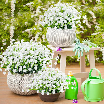 Artificial Plants & Flowers for Outdoors – 16 Bundles White Fake Lavender Flowers & Monkey Grass, UV Resistant Faux Greenery for Patio, Porch, Planter, Garden and Window Decor