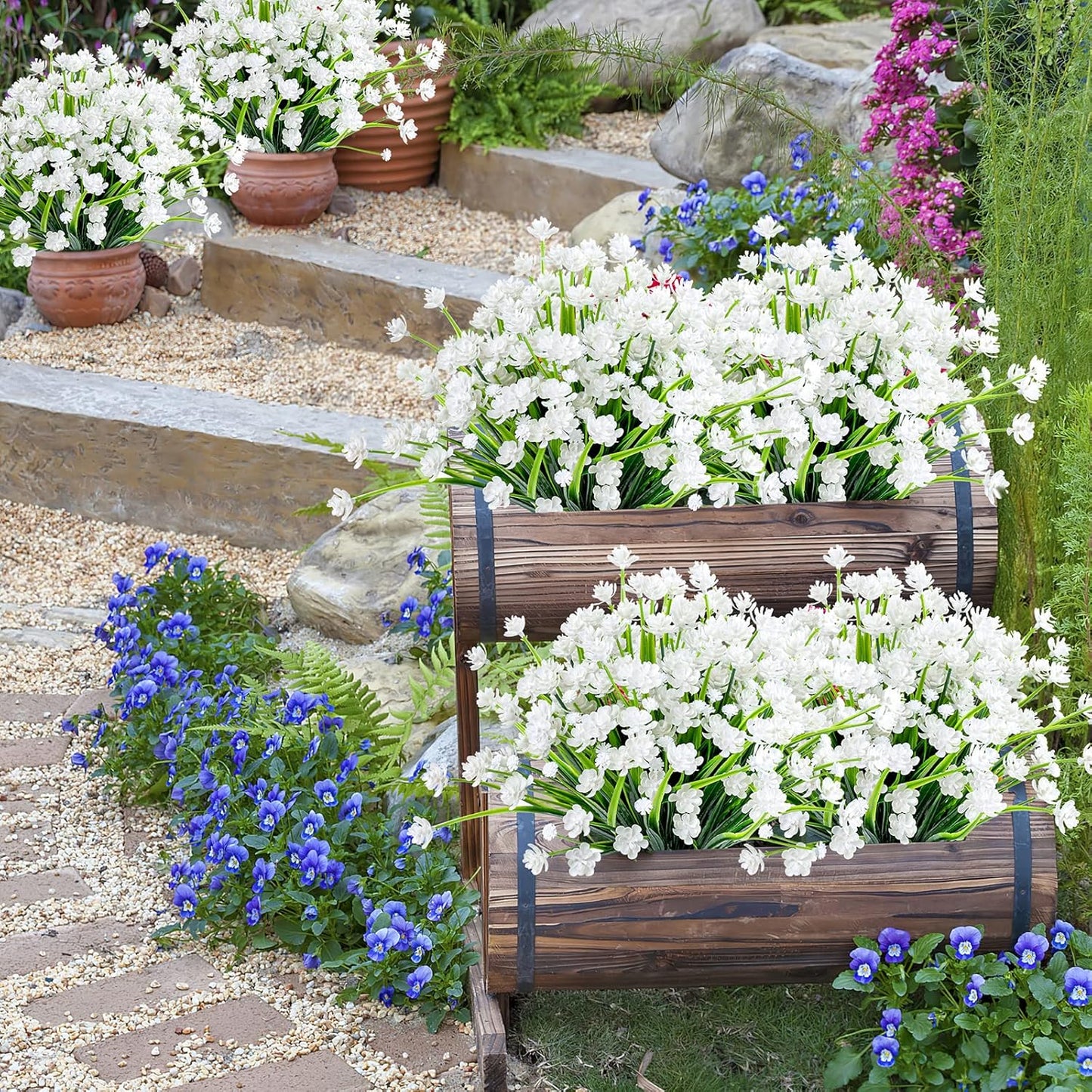 Artificial Plants & Flowers for Outdoors – 16 Bundles White Fake Lavender Flowers & Monkey Grass, UV Resistant Faux Greenery for Patio, Porch, Planter, Garden and Window Decor