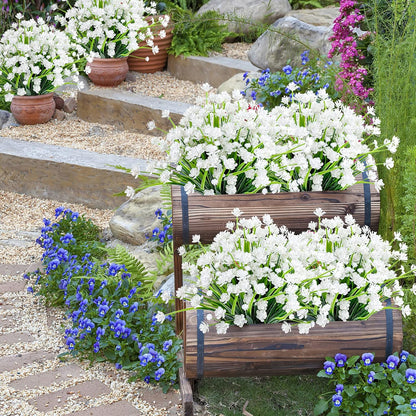 Artificial Plants & Flowers for Outdoors – 16 Bundles White Fake Lavender Flowers & Monkey Grass, UV Resistant Faux Greenery for Patio, Porch, Planter, Garden and Window Decor