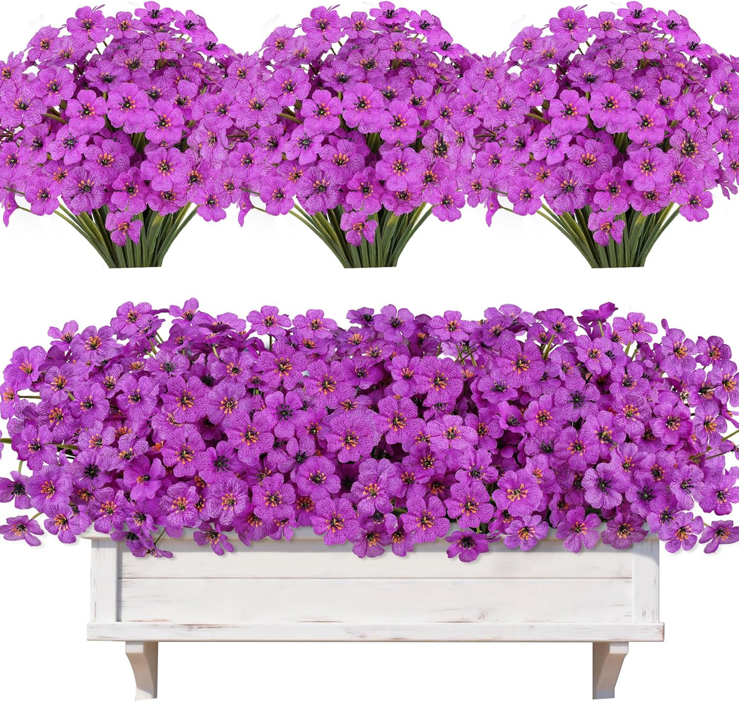 Artificial Plants & Flowers for Outdoors – 16 Bundles White Fake Lavender Flowers & Monkey Grass, UV Resistant Faux Greenery for Patio, Porch, Planter, Garden and Window Decor