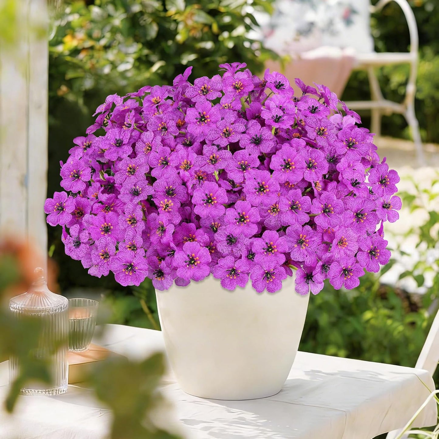 Artificial Plants & Flowers for Outdoors – 16 Bundles White Fake Lavender Flowers & Monkey Grass, UV Resistant Faux Greenery for Patio, Porch, Planter, Garden and Window Decor