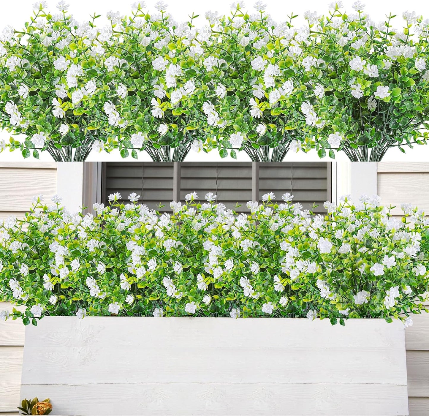 Artificial Plants & Flowers for Outdoors – 16 Bundles White Fake Lavender Flowers & Monkey Grass, UV Resistant Faux Greenery for Patio, Porch, Planter, Garden and Window Decor