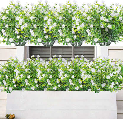 Artificial Plants & Flowers for Outdoors – 16 Bundles White Fake Lavender Flowers & Monkey Grass, UV Resistant Faux Greenery for Patio, Porch, Planter, Garden and Window Decor