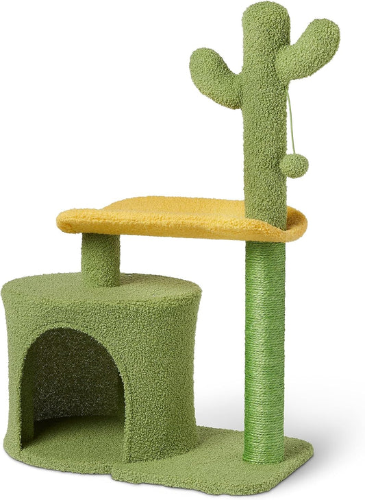 Cactus Cat Tree for Indoor Cats & Kittens, Scratching Post with Curved Perch, Cozy Cat Condo, Natural Sisal, Interactive Dangling Ball, 30.7" (77.9cm) H, Green