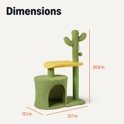 Cactus Cat Tree for Indoor Cats & Kittens, Scratching Post with Curved Perch, Cozy Cat Condo, Natural Sisal, Interactive Dangling Ball, 30.7" (77.9cm) H, Green
