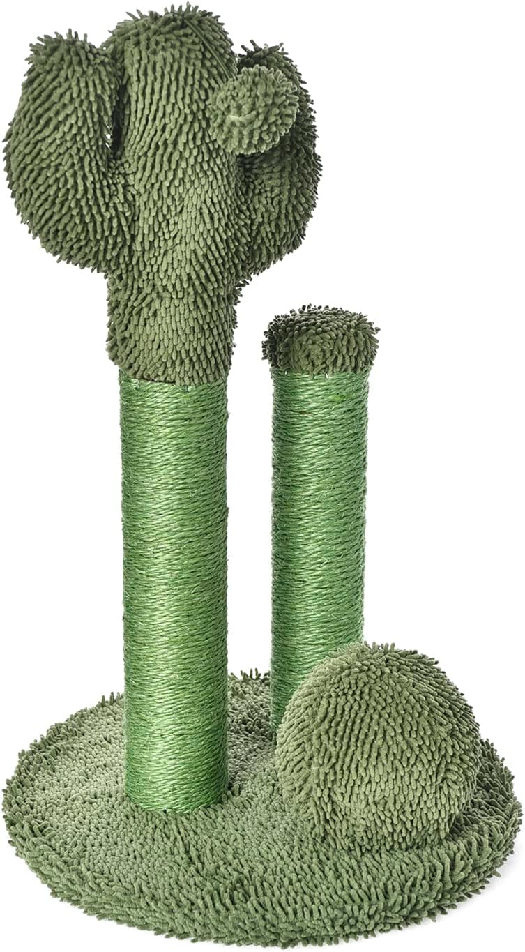 Cactus Cat Tree for Indoor Cats & Kittens, Scratching Post with Curved Perch, Cozy Cat Condo, Natural Sisal, Interactive Dangling Ball, 30.7" (77.9cm) H, Green