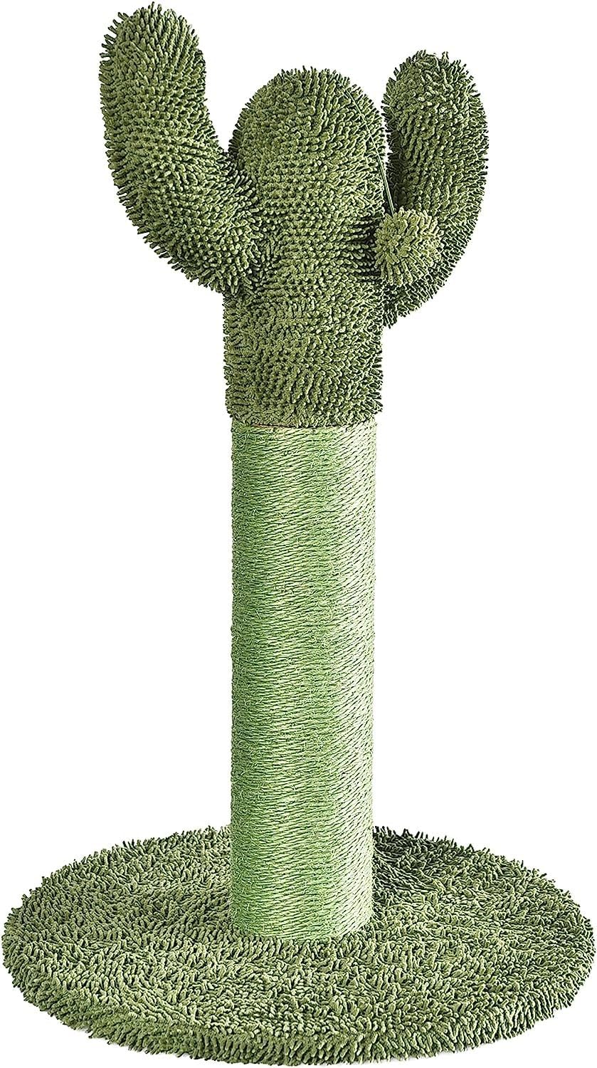 Cactus Cat Tree for Indoor Cats & Kittens, Scratching Post with Curved Perch, Cozy Cat Condo, Natural Sisal, Interactive Dangling Ball, 30.7" (77.9cm) H, Green