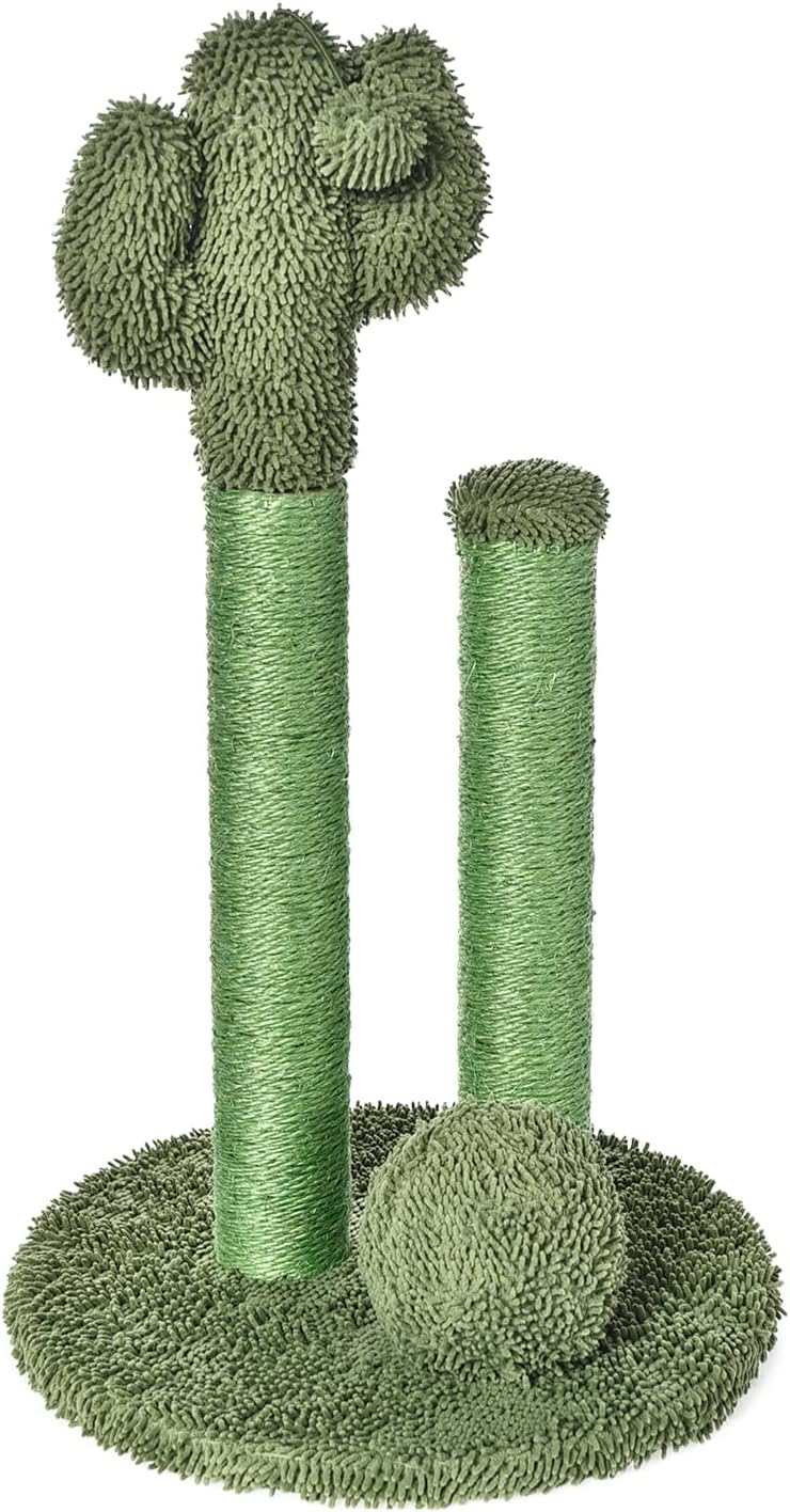 Cactus Cat Tree for Indoor Cats & Kittens, Scratching Post with Curved Perch, Cozy Cat Condo, Natural Sisal, Interactive Dangling Ball, 30.7" (77.9cm) H, Green