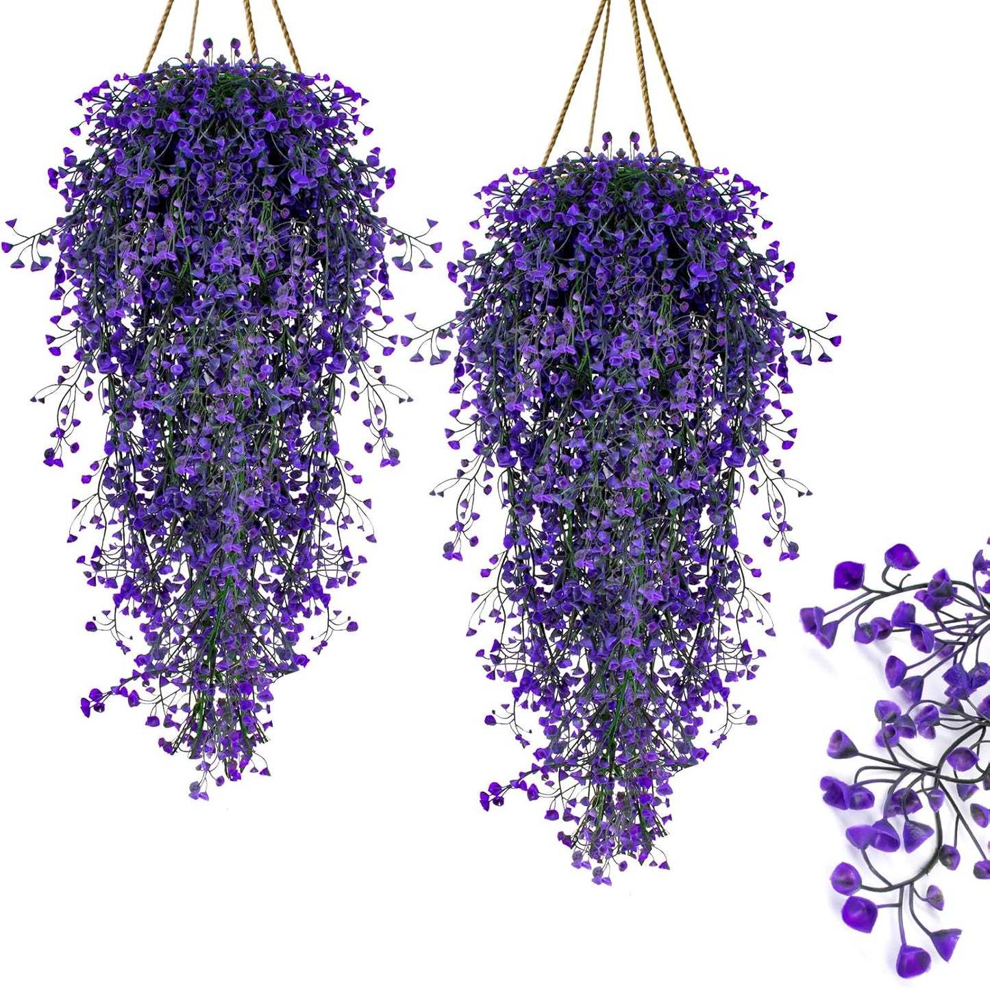 2PCS Artificial Hanging Plants Indoor - Vivid Fake Vines with Mini Purple Flowers, Fake Hanging Flowers Ivy Vine for Shelf Wall Living Room Home Garden Patio Balcony Yard Outdoor Decor