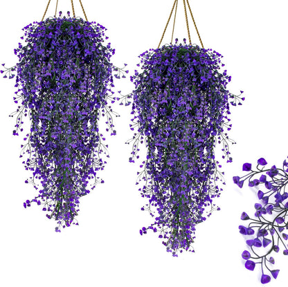 2PCS Artificial Hanging Plants Indoor - Vivid Fake Vines with Mini Purple Flowers, Fake Hanging Flowers Ivy Vine for Shelf Wall Living Room Home Garden Patio Balcony Yard Outdoor Decor