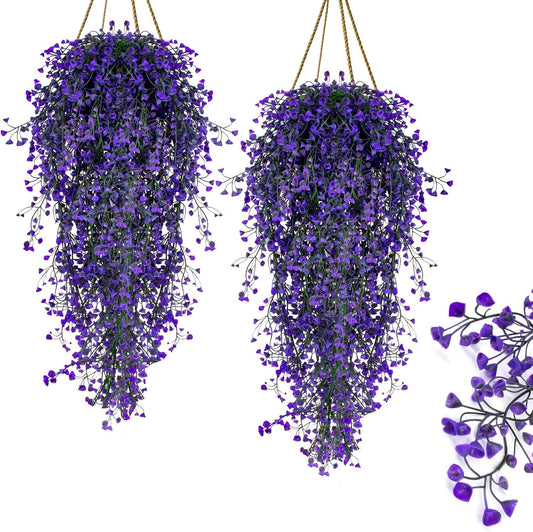 2PCS Artificial Hanging Plants Indoor - Vivid Fake Vines with Mini Purple Flowers, Fake Hanging Flowers Ivy Vine for Shelf Wall Living Room Home Garden Patio Balcony Yard Outdoor Decor