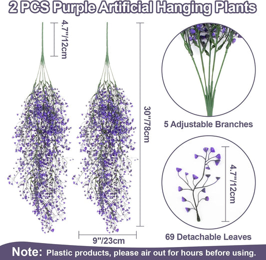 2PCS Artificial Hanging Plants Indoor - Vivid Fake Vines with Mini Purple Flowers, Fake Hanging Flowers Ivy Vine for Shelf Wall Living Room Home Garden Patio Balcony Yard Outdoor Decor