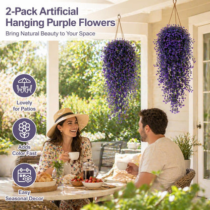 2PCS Artificial Hanging Plants Indoor - Vivid Fake Vines with Mini Purple Flowers, Fake Hanging Flowers Ivy Vine for Shelf Wall Living Room Home Garden Patio Balcony Yard Outdoor Decor