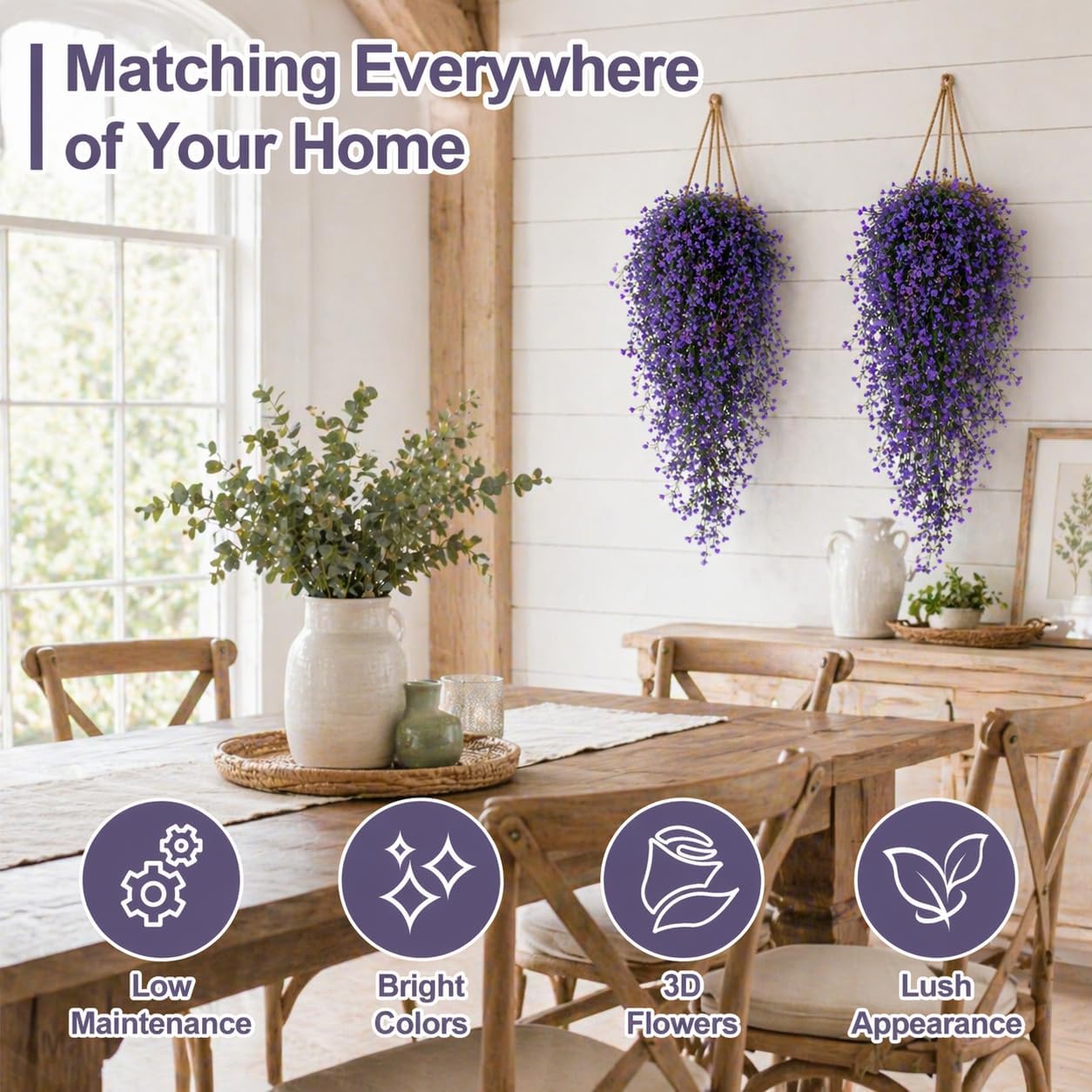 2PCS Artificial Hanging Plants Indoor - Vivid Fake Vines with Mini Purple Flowers, Fake Hanging Flowers Ivy Vine for Shelf Wall Living Room Home Garden Patio Balcony Yard Outdoor Decor