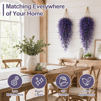 2PCS Artificial Hanging Plants Indoor - Vivid Fake Vines with Mini Purple Flowers, Fake Hanging Flowers Ivy Vine for Shelf Wall Living Room Home Garden Patio Balcony Yard Outdoor Decor