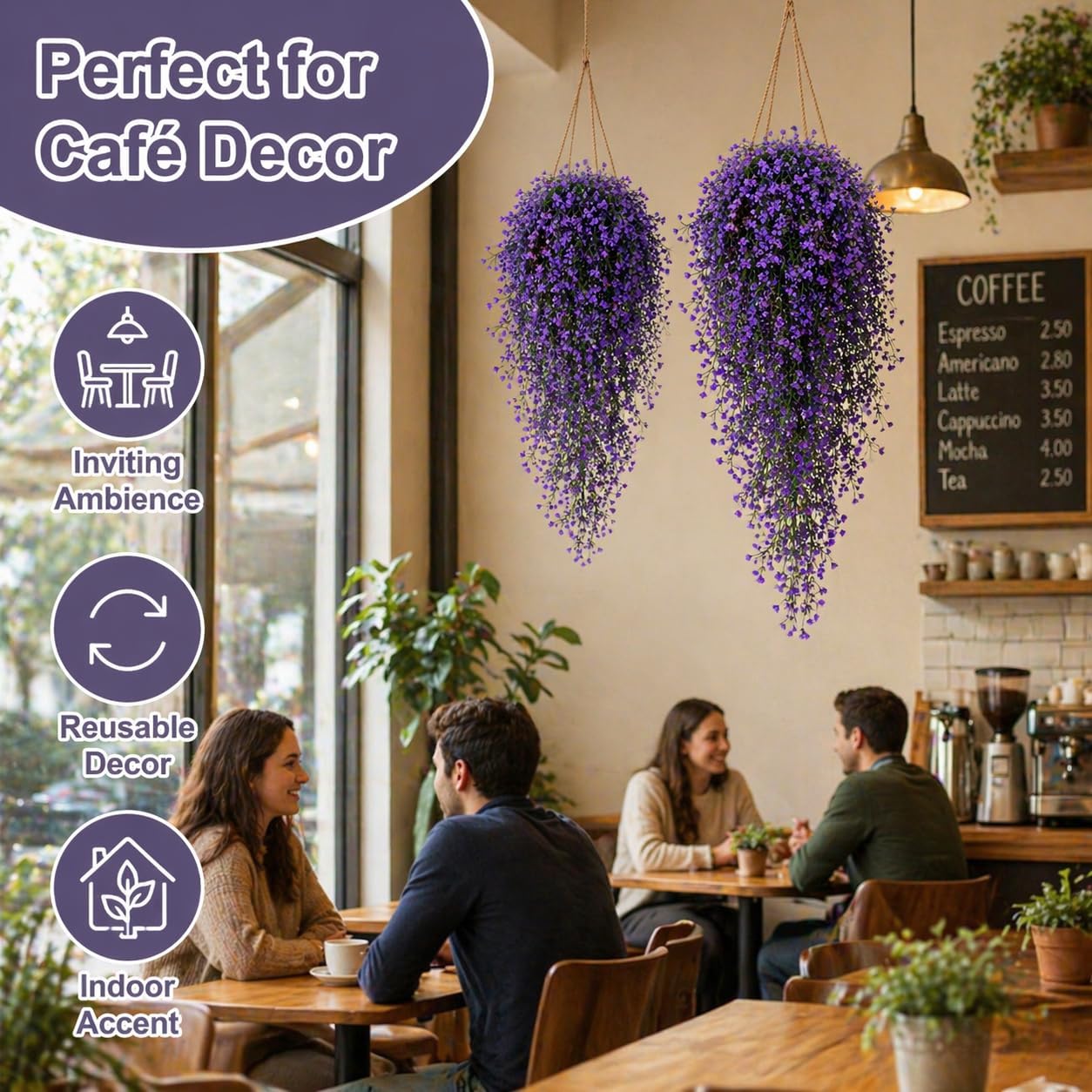 2PCS Artificial Hanging Plants Indoor - Vivid Fake Vines with Mini Purple Flowers, Fake Hanging Flowers Ivy Vine for Shelf Wall Living Room Home Garden Patio Balcony Yard Outdoor Decor