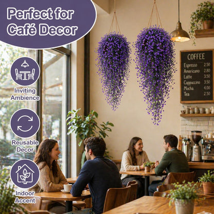 2PCS Artificial Hanging Plants Indoor - Vivid Fake Vines with Mini Purple Flowers, Fake Hanging Flowers Ivy Vine for Shelf Wall Living Room Home Garden Patio Balcony Yard Outdoor Decor