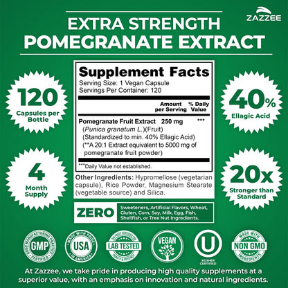 Zazzee Extra Strength Pomegranate 20:1 Extract, 120 Vegan Capsules