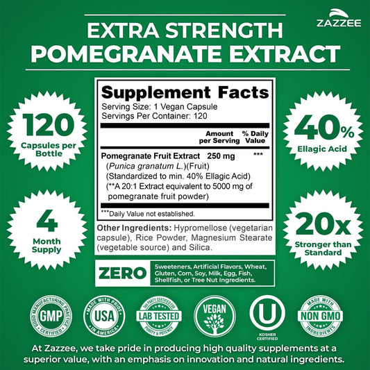 Zazzee Extra Strength Pomegranate 20:1 Extract, 120 Vegan Capsules