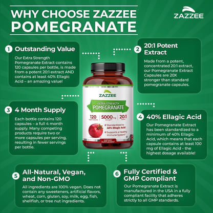 Zazzee Extra Strength Pomegranate 20:1 Extract, 120 Vegan Capsules