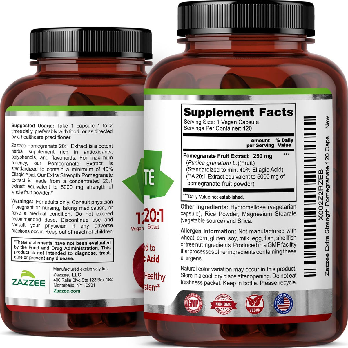 Zazzee Extra Strength Pomegranate 20:1 Extract, 120 Vegan Capsules