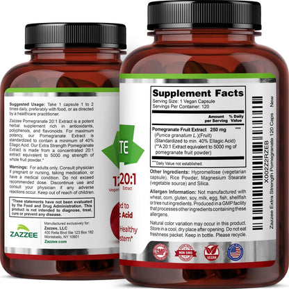 Zazzee Extra Strength Pomegranate 20:1 Extract, 120 Vegan Capsules