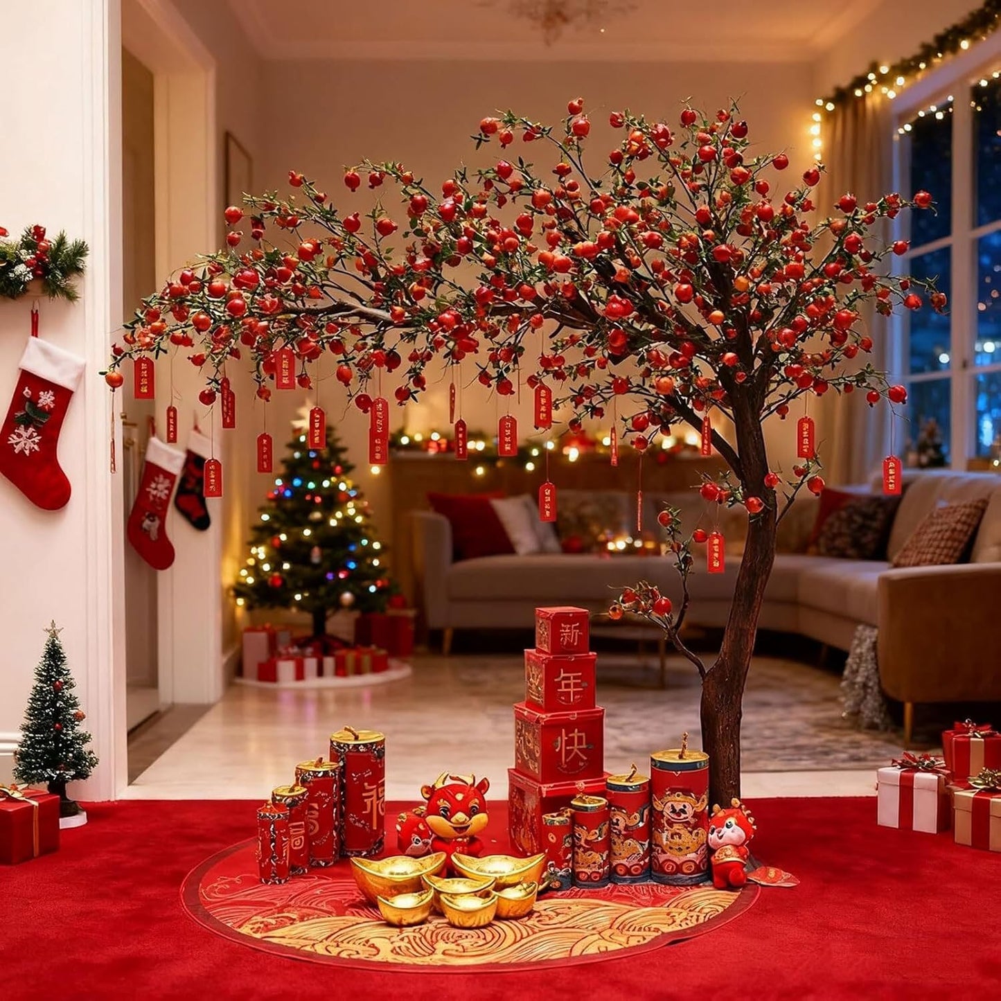 Artificial Pomegranate Tree with Pot and Base, Handmade Faux Plant for Home Office Indoor Outdoor Decoration(1.2m x 1m/3.9ft x 3.3ft)