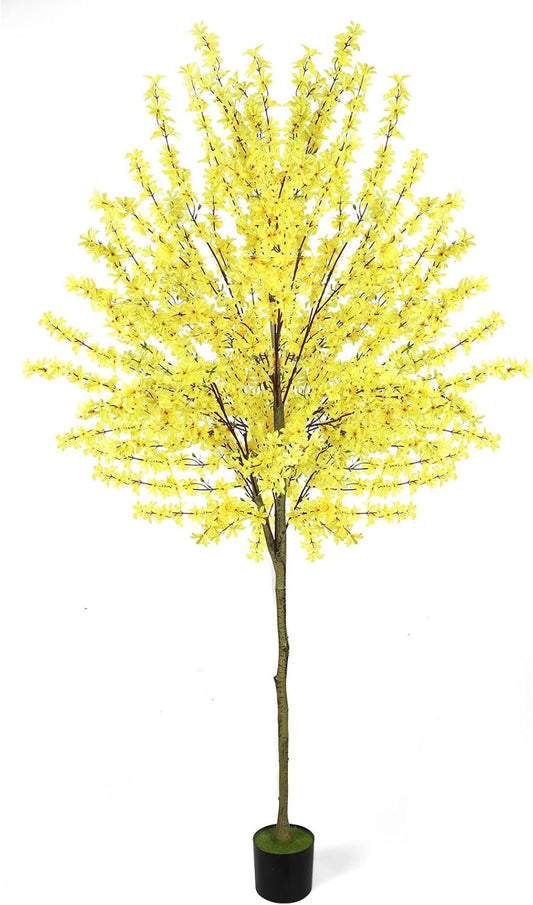 6Ft Tall Artificial Forsythia Tree, Fake Tree Faux Silk Plant with Plastic Nursery Pot,Artificial Plants for Home Office Indoor Decor(Yellow)