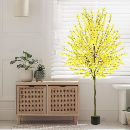 6Ft Tall Artificial Forsythia Tree, Fake Tree Faux Silk Plant with Plastic Nursery Pot,Artificial Plants for Home Office Indoor Decor(Yellow)
