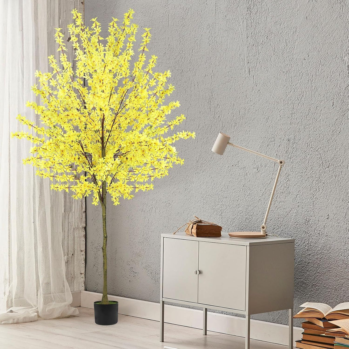 6Ft Tall Artificial Forsythia Tree, Fake Tree Faux Silk Plant with Plastic Nursery Pot,Artificial Plants for Home Office Indoor Decor(Yellow)