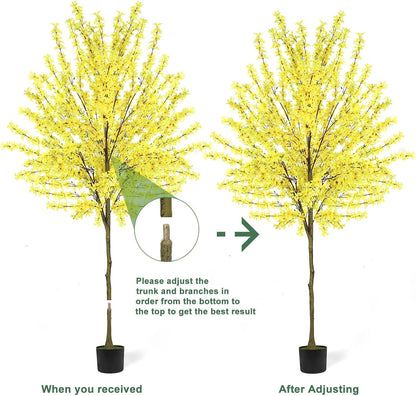 6Ft Tall Artificial Forsythia Tree, Fake Tree Faux Silk Plant with Plastic Nursery Pot,Artificial Plants for Home Office Indoor Decor(Yellow)